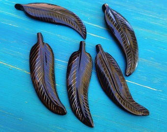 Carved Horn Feather Pendant, Black Horn Feather Pendant, Ox Horn Carved Feather, Rustic Pendant, Long Feather, Curved Feathers, 2 1/8" Long