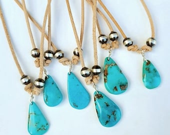 Thin Slice Turquoise Teardrop Necklace, Sterling Navajo Pearls, Adjustable Leather, Turquoise Slab, Arizona Turquoise Teardrop, Southwest