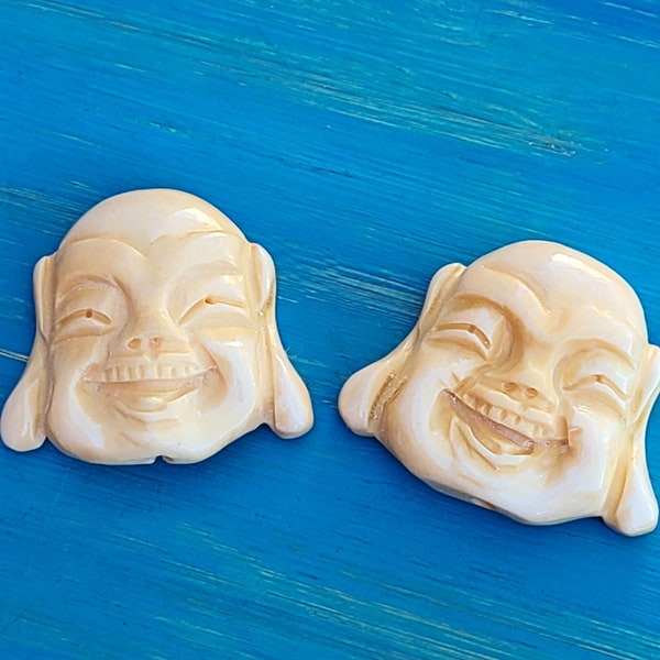 Happy Buddha Face Pendant, Carved Bone Buddha, Buddha Face, Buddha Head Pendant, Top-Drilled, Smiling Buddha Pendant, Laughing Buddha