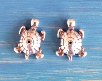 Pair of Sterling Turtle Charms, Turtle Fetishes, For Turtle Earrings, Solid Sterling Turtle Beads, Silver Charms, Tortoise Charm Necklace