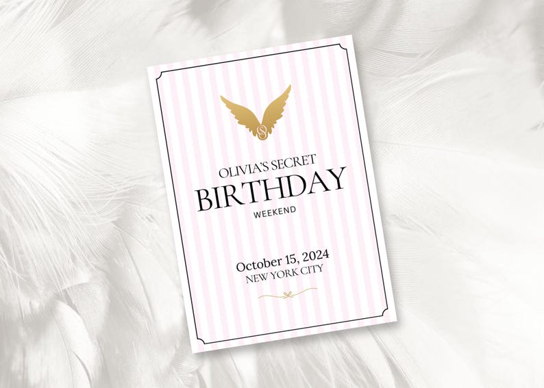 The image is a beautiful birthday or bachelorette invitation. The background is white and baby pink stripes. Beautiful customizable gold angel wings with customizable monogram. The text is fully customizable on Canva, a free design tool.