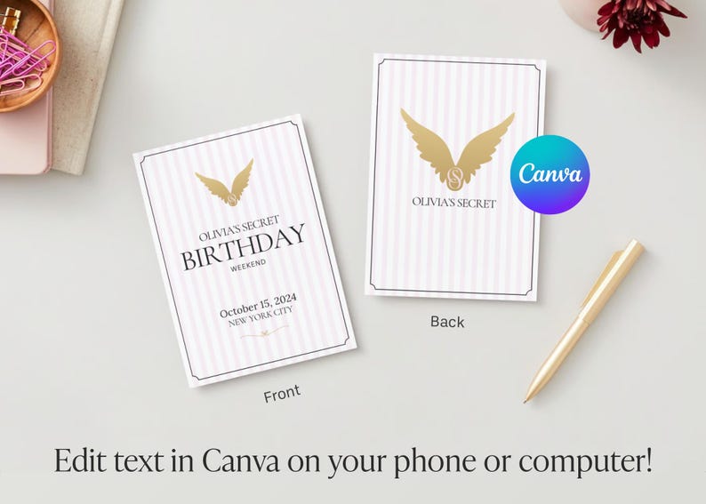 The image is a beautiful birthday or bachelorette invitation. The background is white and baby pink stripes. Beautiful customizable gold angel wings with customizable monogram. The text is fully customizable on Canva, a free design tool.
