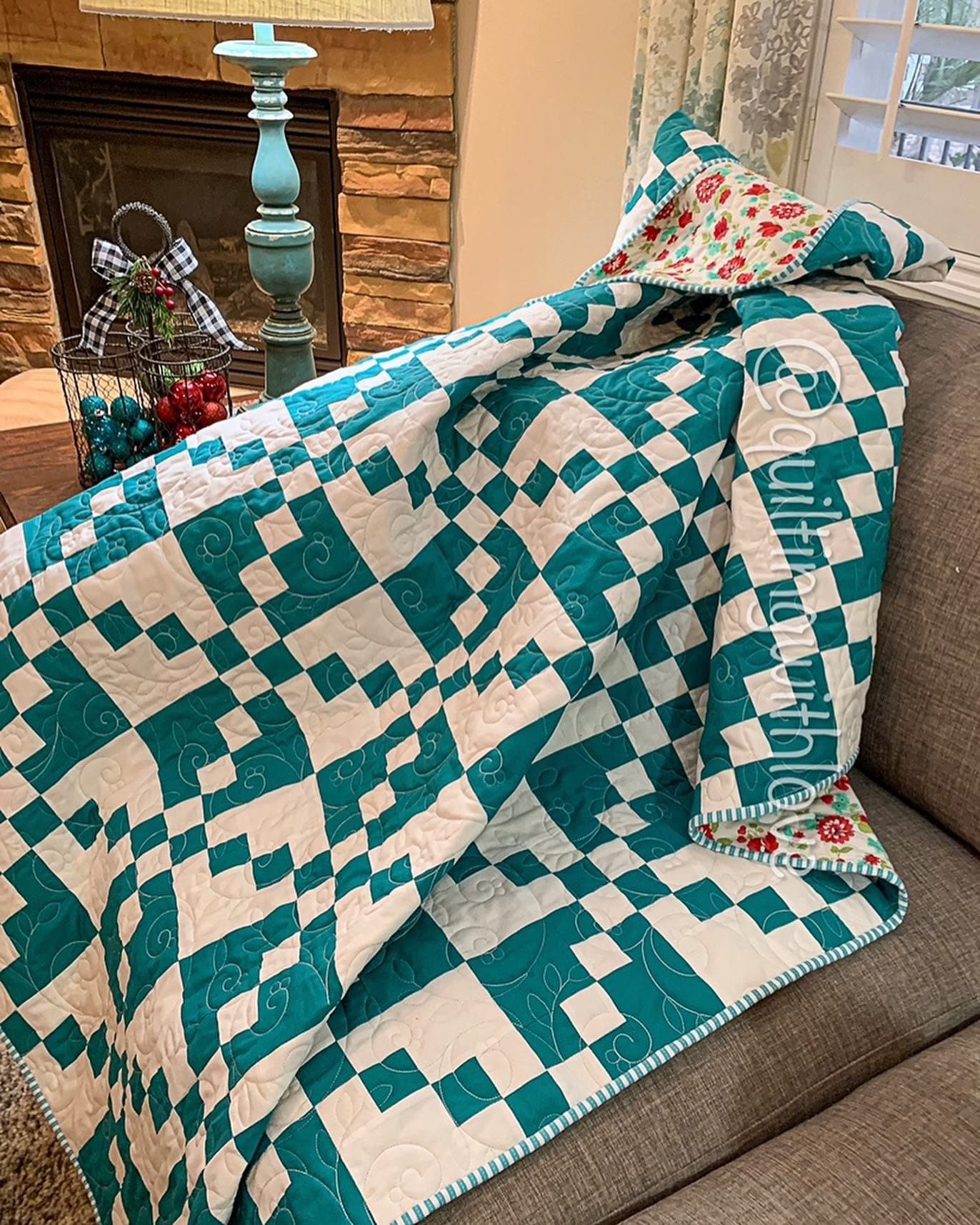 Handmade Quilt Two Color Quilt Teal and White Quilt Farmhouse