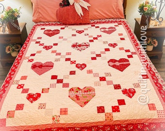 Handmade Heart Quilt, throw size quilt, Valentine’s gift, Valentine decor, couch throw
