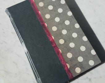 5.5x8.5 in. gray leather and artisan paper journal, coptic stitch journal, hand bound blank book, handmade paper pages