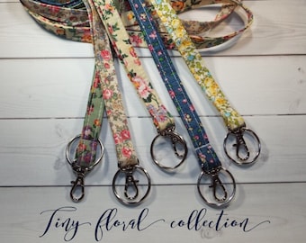 Skinny floral Lanyard ID Badge Holder - Lobster clasp and key ring New Thinner Design - vintage inspired flowers tiny flower