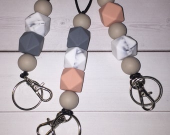 Beaded lanyard -  teacher lanyard - necklace lanyard - badge holder - Minimalist bead necklace  - coral - marble - gray geometric