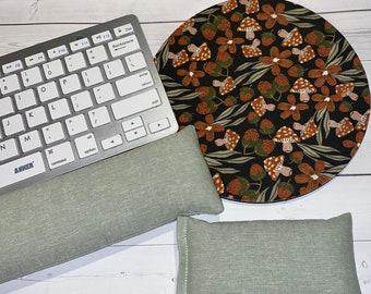 Mushrooms Mouse pad set - mouse wrist rest and/or seafoam linen keyboard rest  - coworker gift, office accessories, desk decor, flax seeds