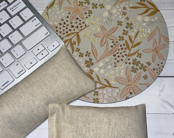 meadow floral mouse pad Keyboard rest and or WRIST REST linen natural MousePad set - boho coworker gift - office Desk Accessories