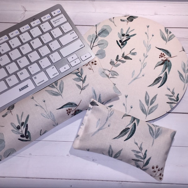 Vines minimalist Mouse pad set - mouse wrist rest and/or keyboard rest  - coworker gift, office accessories, desk decor leaves Eucalyptus