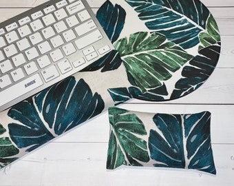 Monstera Leaves Mouse pad set - mouse wrist rest and/or keyboard rest - plant office accessories, desk decor. tropical leaves, flax seeds