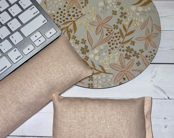 meadow floral mouse pad RICE Keyboard rest and or WRIST REST boho linen MousePad set - flower coworker gift - office Desk Accessories fall