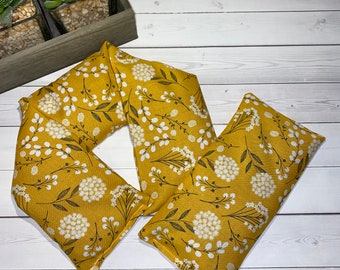 Flax seed neck shoulder wrap warmer eye pillow mustard yellow flowers heat cold pack pad peppermint  lavender  spa gift