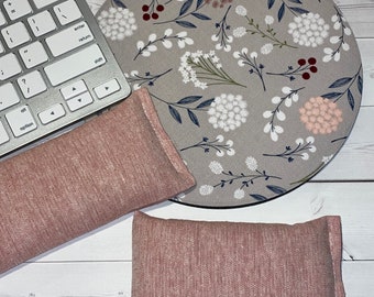 gray floral boho - Mouse pad set - RICE mouse wrist rest and/or keyboard rest - coworker gift, under 50, office accessories, desk, cubical