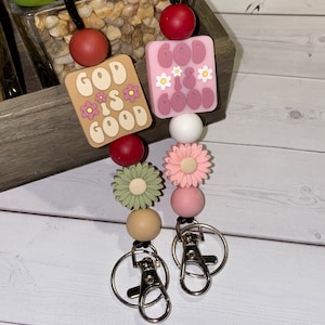 GOD is GOOD Beaded lanyard - teacher lanyard - necklace lanyard - badge holder - silicone bead lanyard - daisy flower, Christian gifts