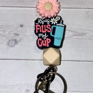 Jesus fills my cup Beaded lanyard - Christian necklace lanyard - badge holder - silicone bead lanyard - daisy flower, Christian gifts