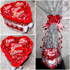 Bolsa de barra de chocolate Maltesers con forma de corazón, ramo de regalo, cesta para el día de San Valentín, cumpleaños, para él o para ella, aniversario, chocolates, lazo 3D, día del padre, papá, abuelo