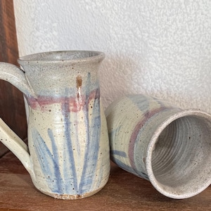 Handmade pottery large mug White Sand blue design 16 ounces