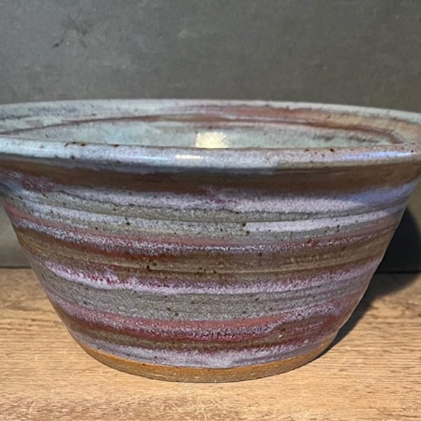 Handmade pottery flared serving bowl Light blue and copper red design