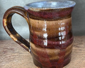 Handmade pottery mug Brown and green gold design