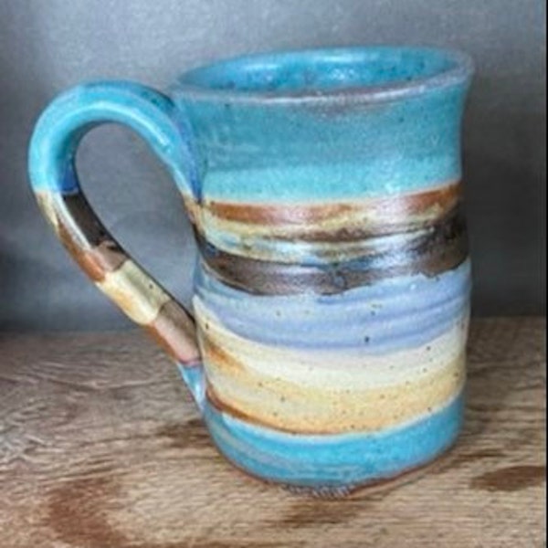 Handmade pottery stoneware mug Columbia blue green design 16 oz