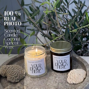 Printify Scented Candle Mockup, velas de banheiro, Coconut Damasco Wax 4oz, POD, Principais recursos, Visão geral de aromas, Foto real, Âmbar e transparente