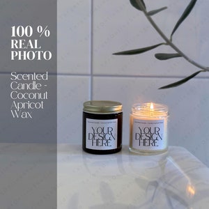 Printify Scented Candle Mockup, velas de banheiro, Coconut Damasco Wax 4oz, POD, Principais recursos, Visão geral de aromas, Foto real, Âmbar e transparente