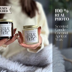 Printify Scented Candle Mockup, Coconut Damasco Wax 4oz, POD, Principais Características, Visão Geral de Aromas, Foto Real, Âmbar e Transparente