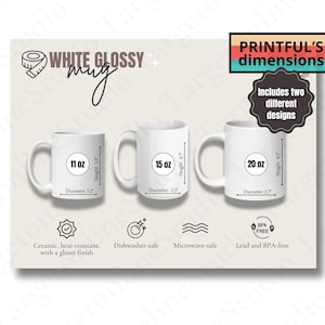 Printful ホワイト グロッシー マグ サイズ表 11、15、20 オンス、グロッシー マグのお手入れ方法、コーヒー マグの洗い方、モックアップ サイズ比較