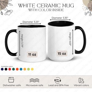 Printful の内側に色が付いた白いセラミックマグカップのサイズガイド、PNG ファイル + 編集可能な Canva テンプレート、11 オンス、15 オンス C、サイズ比較、すぐに使用可能