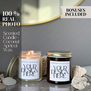 Printify Scented Candle Mockup, Foto real, Coconut Damasco Wax 4oz & 9oz, POD Mock, Principais recursos, Visão geral dos aromas, Tamanho Printify