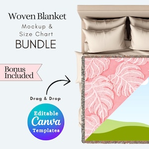 Woven Blanket Mockup Template, Editable Canva Size Chart, Printify Blanket Mockups, Woven Throw Bundle, Blanket Dimensions & Care Card