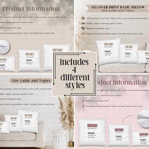 Tabla de tallas de almohada básica con estampado integral de Printful, información del producto de almohada e instrucciones de cuidado, puntos clave, información del producto