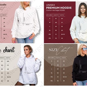 May include: Size chart for a unisex hoodie in white, black, and gray. The chart shows the size label, length, and width in inches. The sizes range from S to 3XL.
