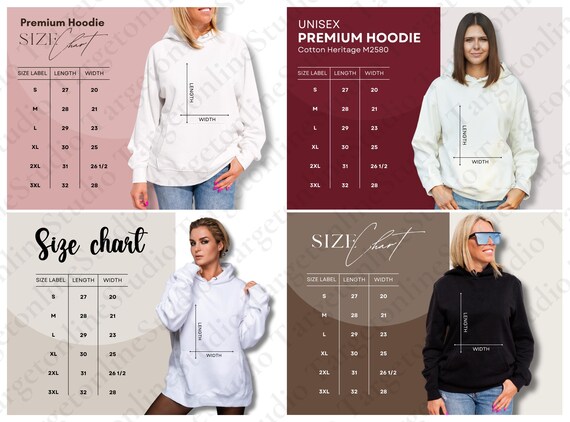 4 Cotton Heritage M2580 Size Charts, Unisex Premium Hoodie Sizing Guide, Hoodie Size Label, Printify, Printful Sizing, POD seller tools