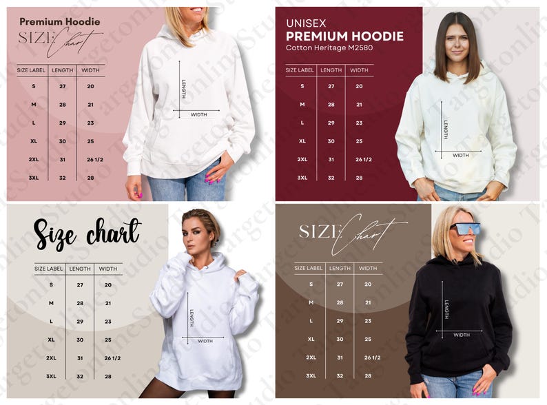 May include: Size chart for a unisex hoodie in white, black, and gray. The chart shows the size label, length, and width in inches. The sizes range from S to 3XL.