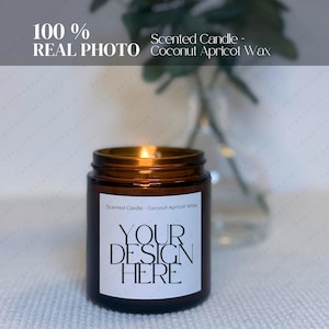Printify Scented Candle Mockup, cera de damasco de coco âmbar 4 oz, POD Mock, principais recursos, visão geral dos aromas, tabela de tamanhos, foto real