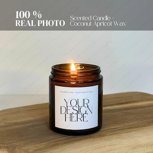 Printify Scented Candle Mockup, cera de damasco de coco âmbar 4 oz, POD Mock, principais recursos, visão geral dos aromas, tabela de tamanhos, Printify