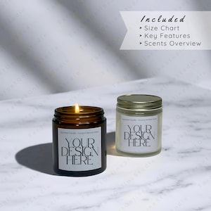 Printify Clear and Amber Scented Candle Mockup, cera de coco e damasco 4oz, modelo de vela POD, principais recursos, visão geral dos aromas, tamanho Printify