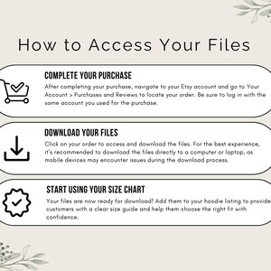 May include: A graphic with three steps on how to access your files after purchasing a digital product on Etsy. The steps are: Complete your purchase, Download your files, and Start using your size chart.