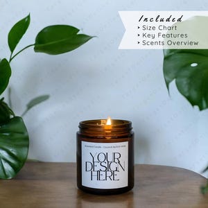 Printify Amber Scented Candle Mockup, Coconut Damasco Wax 4oz, POD Candle Template, Principais Características, Visão Geral de Aromas, Tamanho Printify