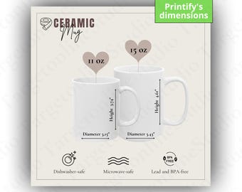 Tableau des tailles : Mug en céramique Printify de 11 oz et 15 oz (téléchargement numérique PNG)