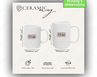 Tableau des tailles de tasses en céramique : comparaison avec impression 11 oz et 15 oz (téléchargement numérique PNG)