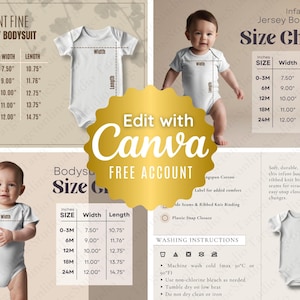 Peut inclure: Un tableau des tailles pour bodies en jersey fin pour bébé. Le tableau indique la largeur et la longueur des bodies en pouces pour les tailles 0-3M, 6M, 12M, 18M et 24M. Le tableau comprend également des instructions de lavage pour les bodies.