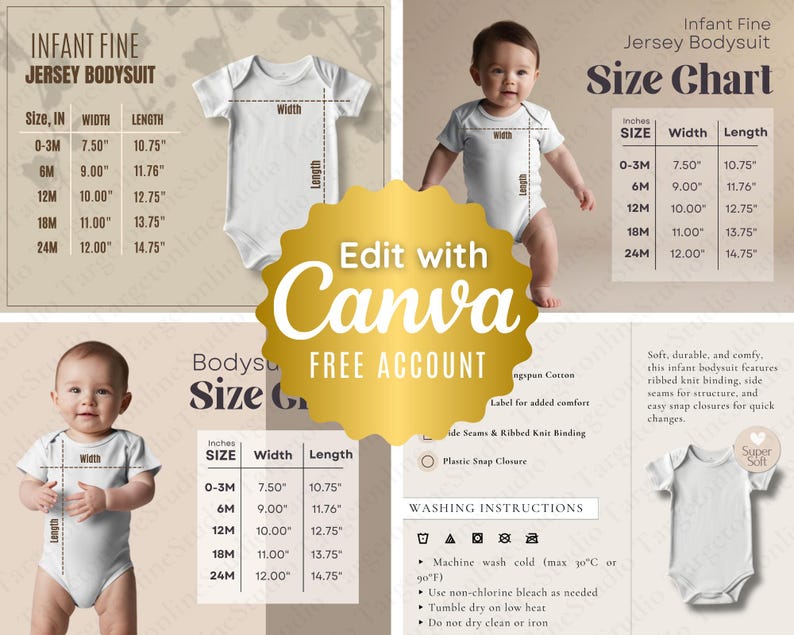 May include: A size chart for infant fine jersey bodysuits. The chart shows the width and length of the bodysuits in inches for sizes 0-3M, 6M, 12M, 18M, and 24M. The chart also includes washing instructions for the bodysuits.