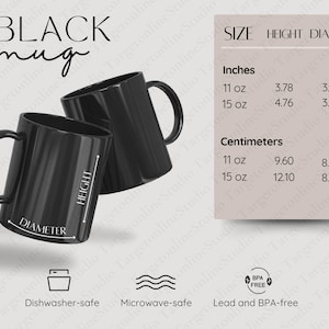 Printify のブラックマグカップのサイズ表、11 オンスと 15 オンス、モックアップのサイズ比較、すぐに使用可能、デジタルダウンロード