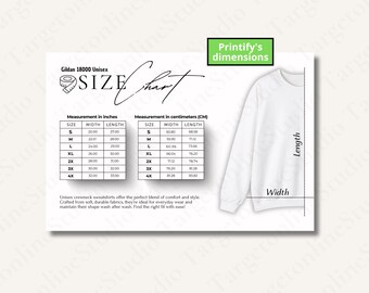 Gildan 18000 Sweatshirt Size Chart: Unisex Sizing Guide (Digital PNG)