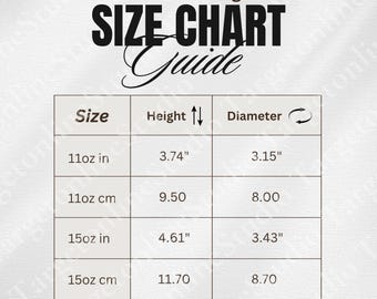 Guide du tableau des tailles de tasses en céramique : 11 oz et 15 oz (téléchargement numérique)