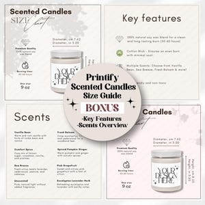 Tabela de tamanhos de velas perfumadas Printify 9oz, maquete de velas, opções de fragrâncias, vendedor de POD, guia de tamanhos, visão geral de aromas, principais recursos