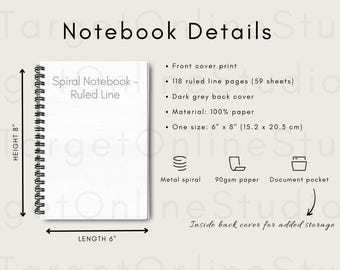 Printify Notebook Size Chart: Ruled Line Spiral Journal (Digital Download)